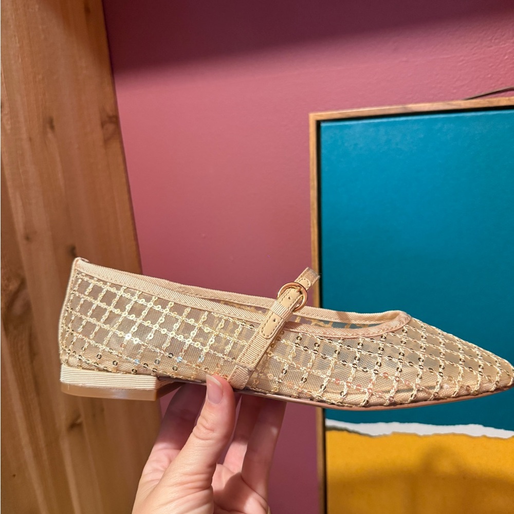 J. Crew Tan Mesh Flats with Gold Details